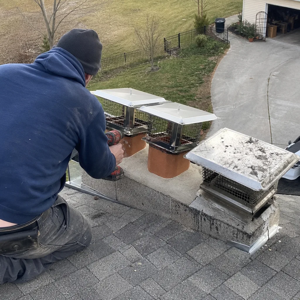 Professional technician installing a stainless steel chimney cap on a residential roof