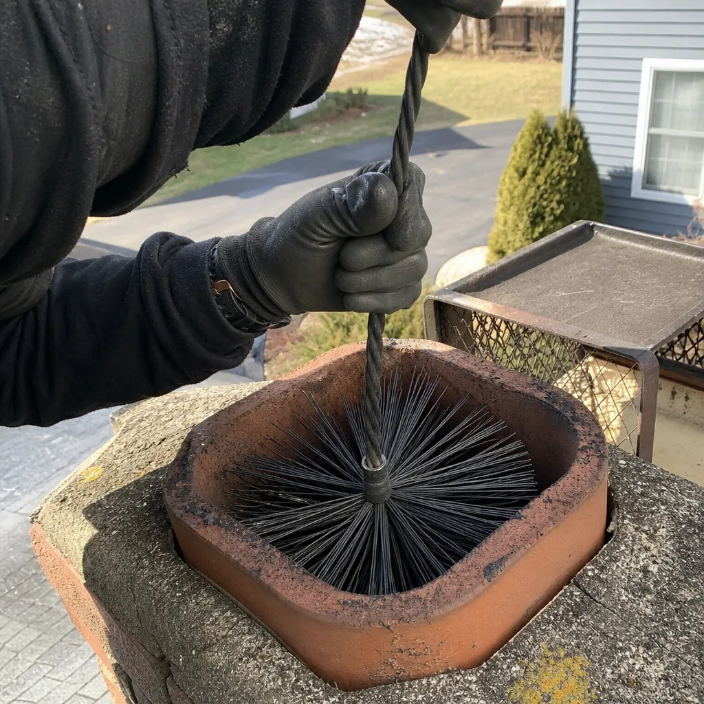 Professional chimney sweep cleaning a brick chimney with a wire brush.