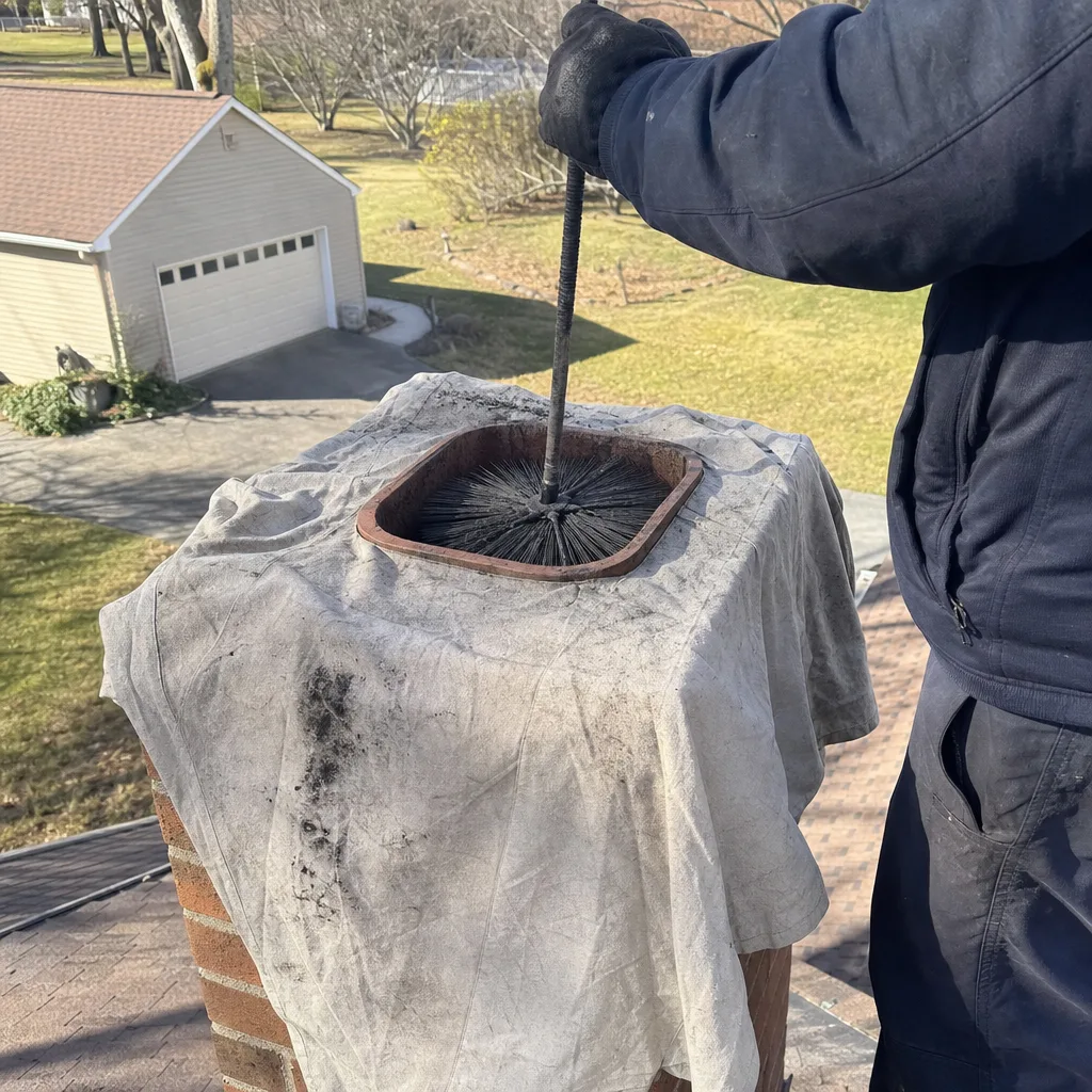 Professional chimney sweep cleaning a fireplace flue from the roof