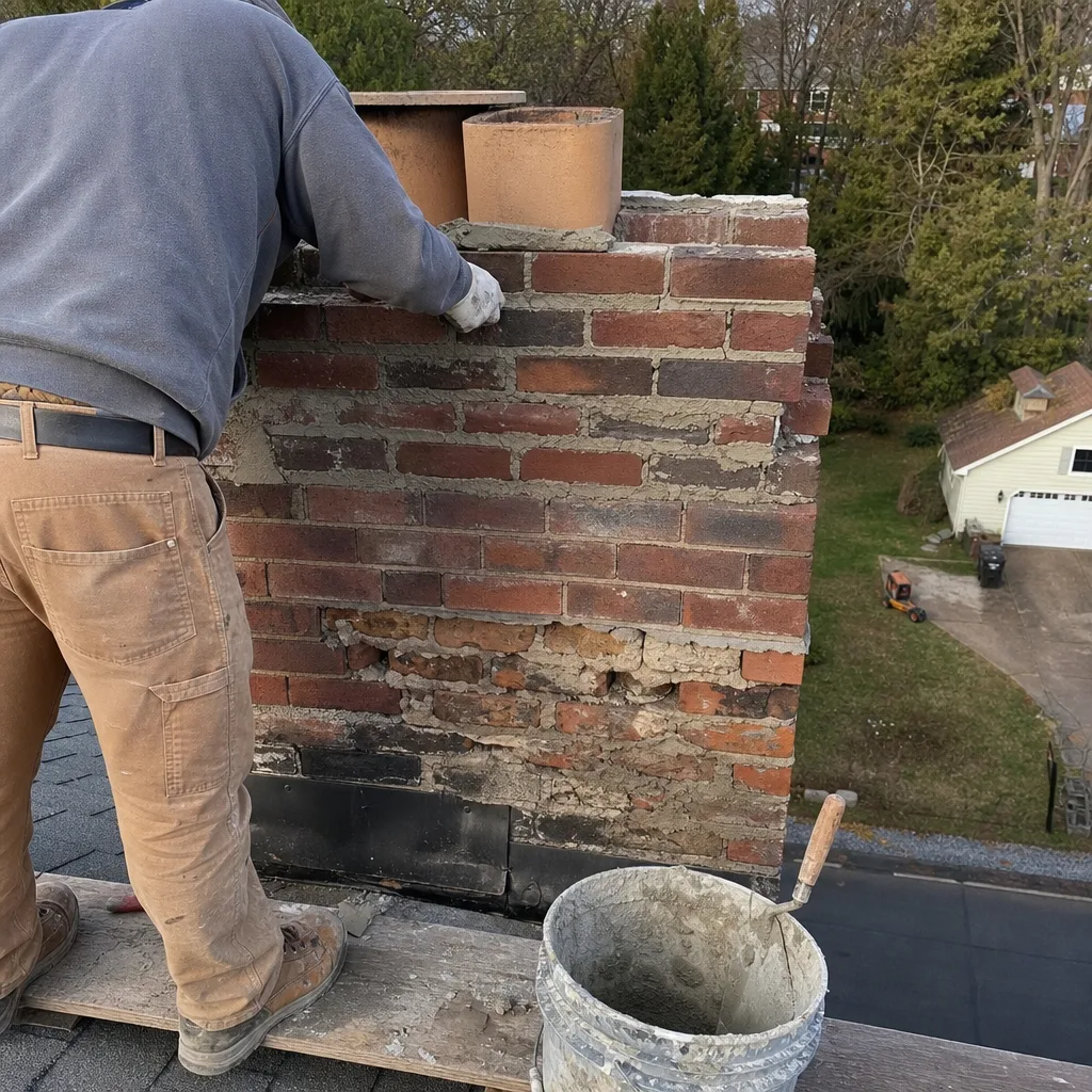 professional mason repairing brick chimney masonry on a roof