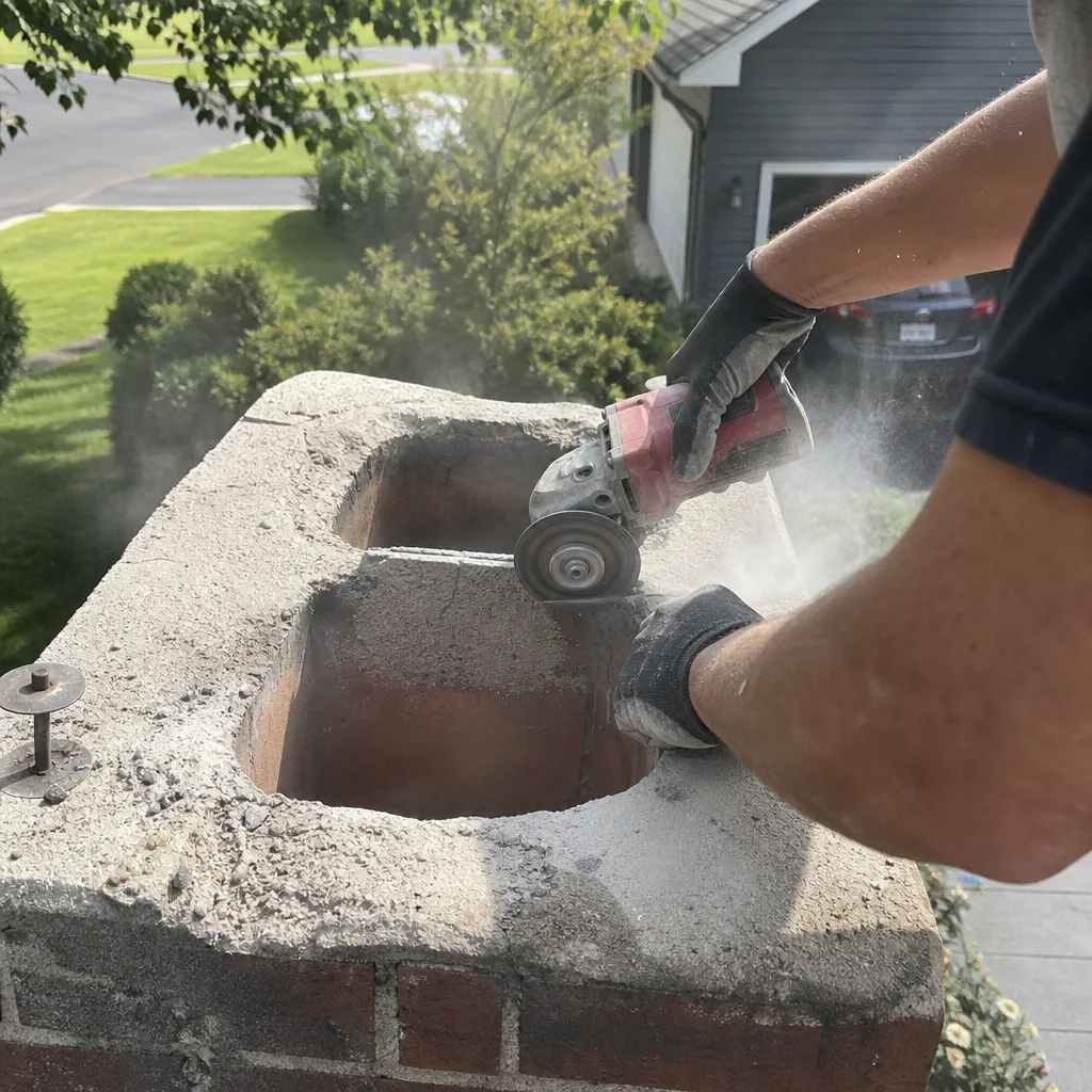Professional technician performing concrete chimney crown repair using an angle grinder