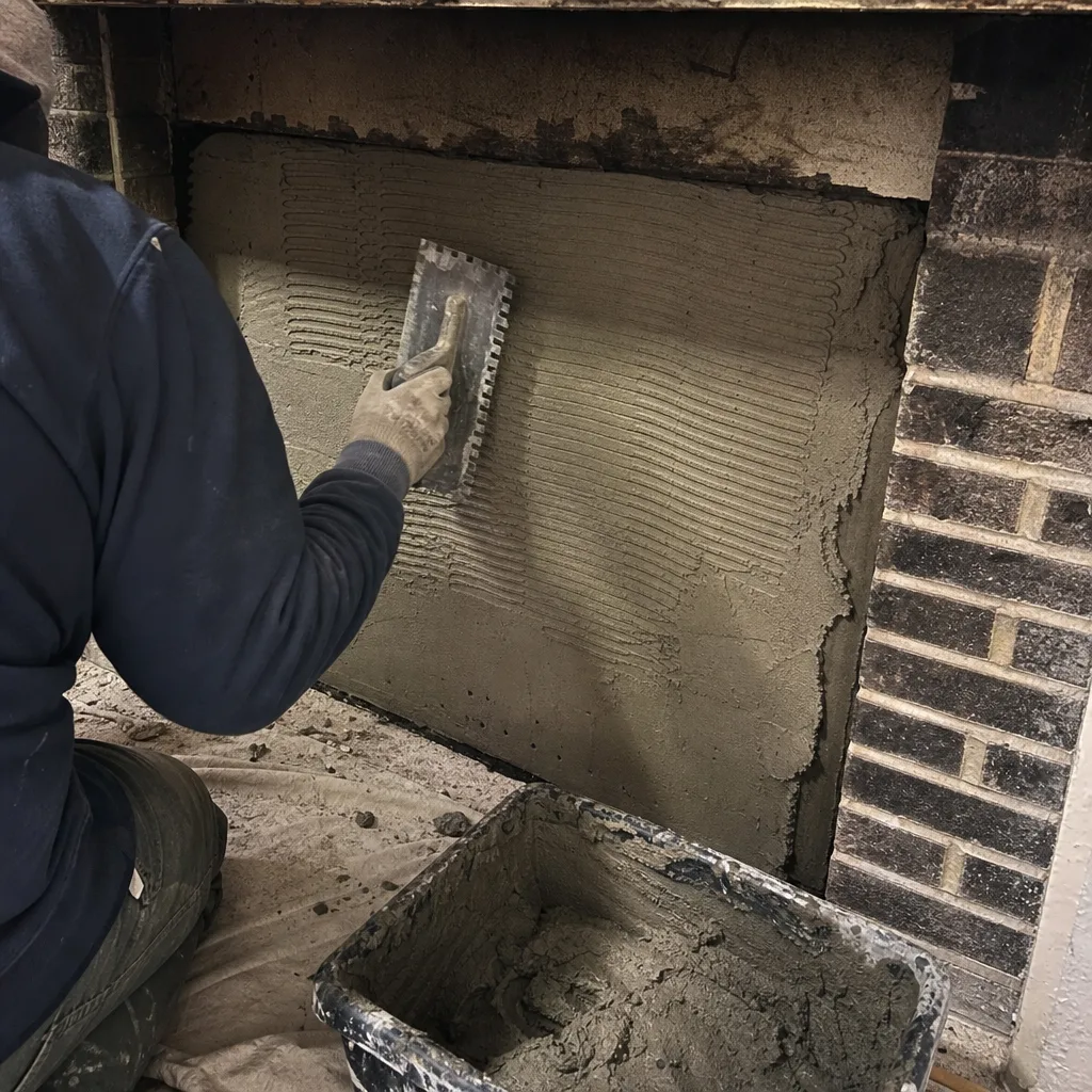 Worker applying mortar to a fireplace wall with a notched trowel